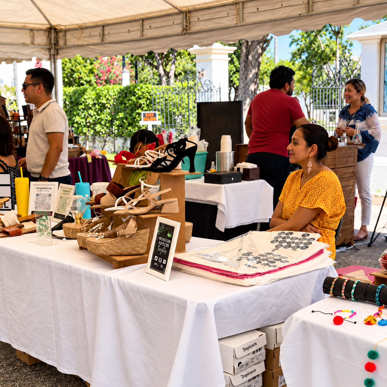 Expositora yucateca atendiendo su mesa en el bazar