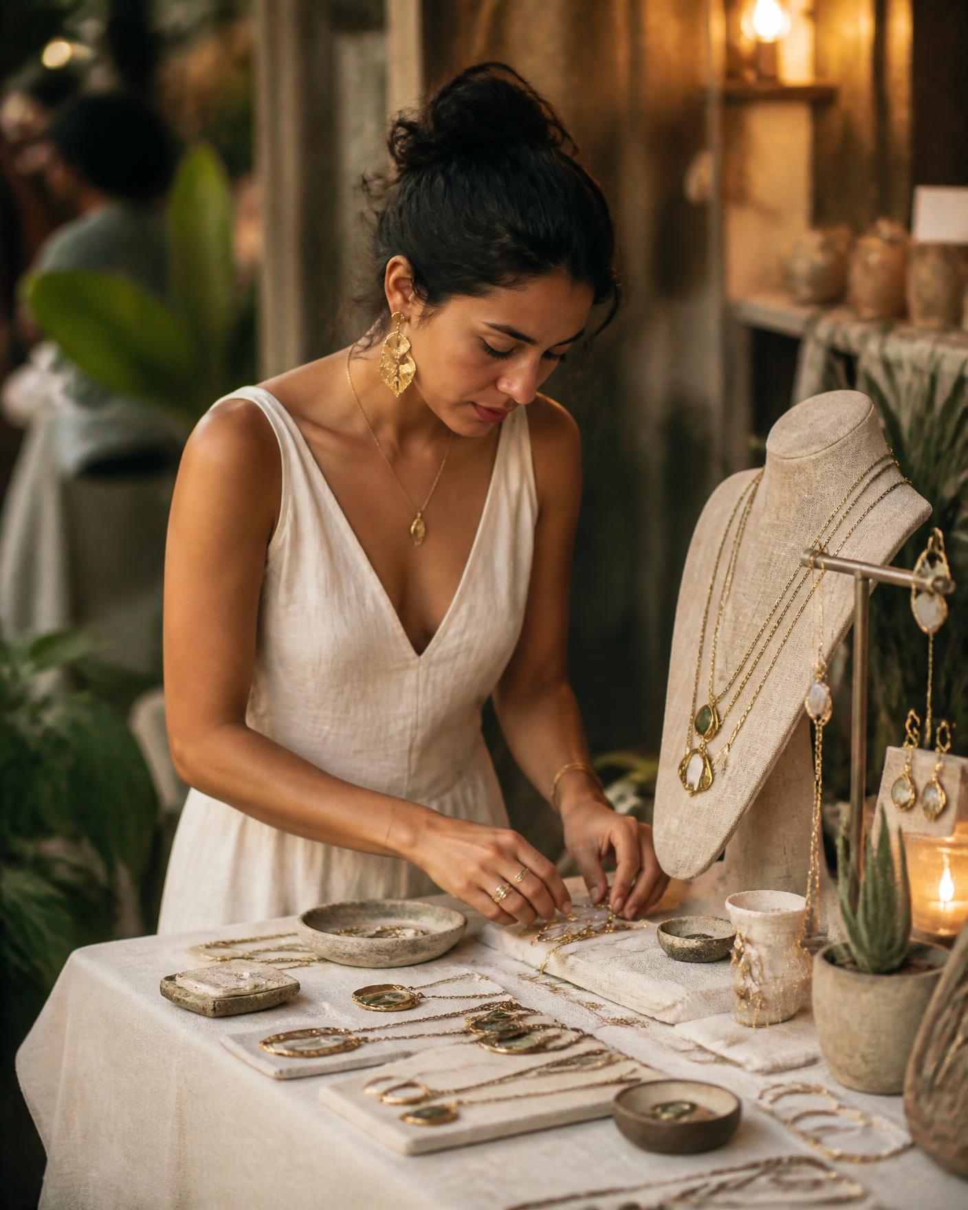 Diseñadora yucateca acomodando joyería hecha a mano en su mesa